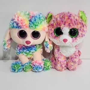 TY Rainbow Poodle Dog +‎ Sophie Pink Cat 9" Beanie Boo Plush Stuffed Animal Toy